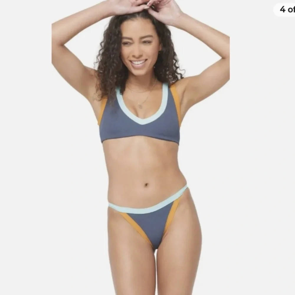 L*Space LaLa‎ Ribbed Pullover Bikini Top in Slate, Light Blue Trim, X-Large, NWT